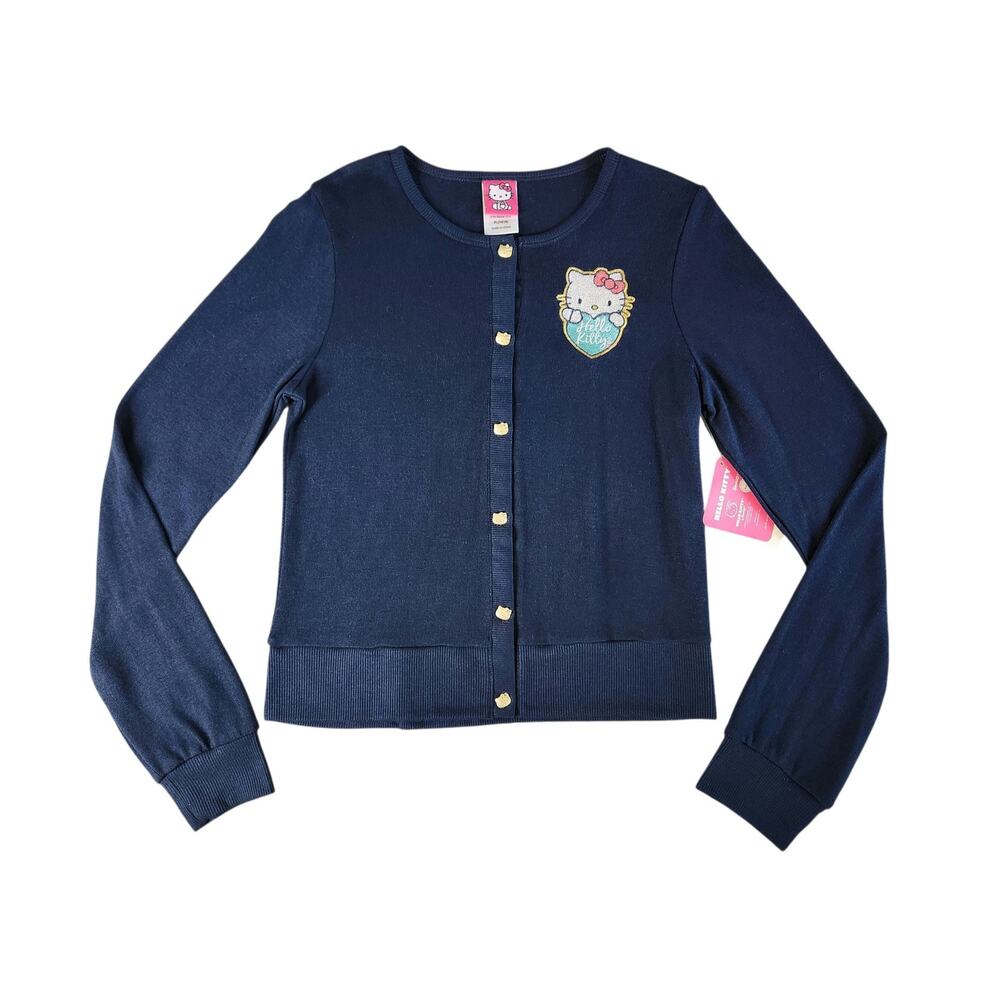Hello Kitty girl's cardigan with pocket patch navy blue button front size XL NWT